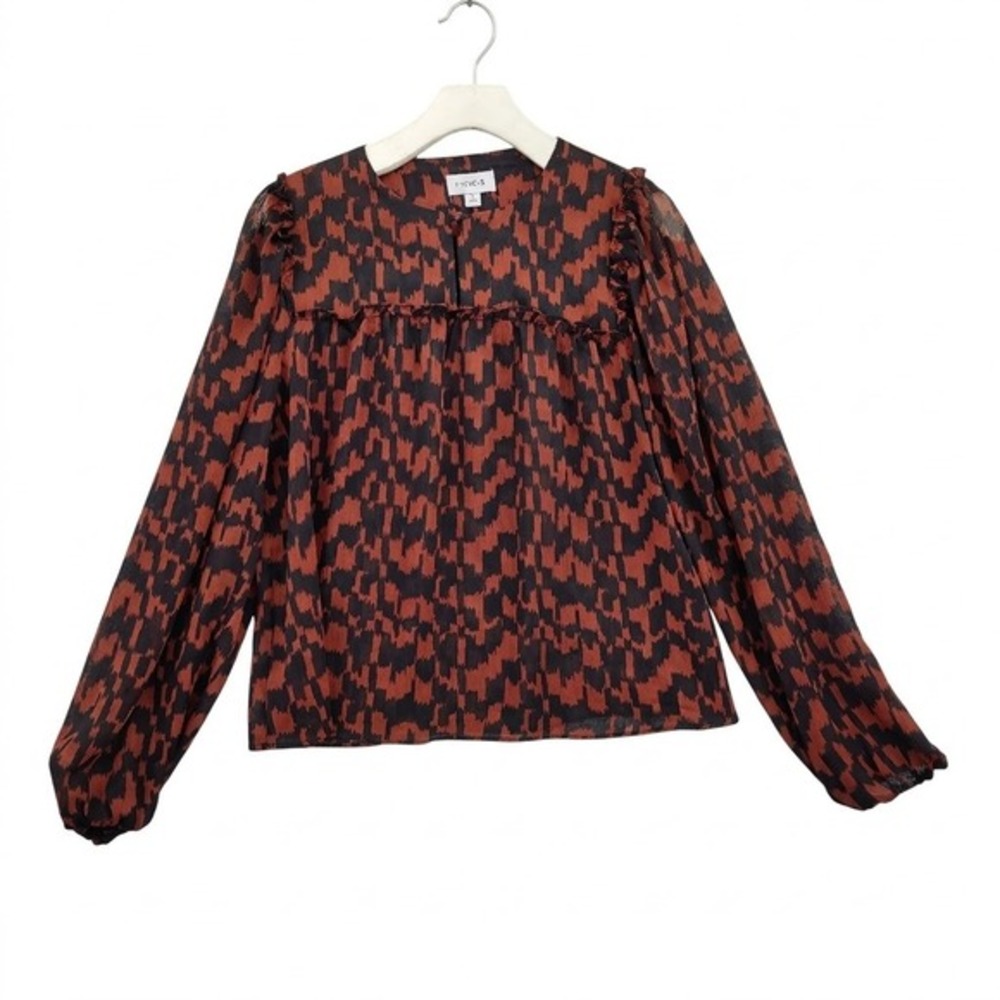 Evereve Womens Abstract Cottage Academia Leo Sheer Ruffle‎ Blouse S Black Brown